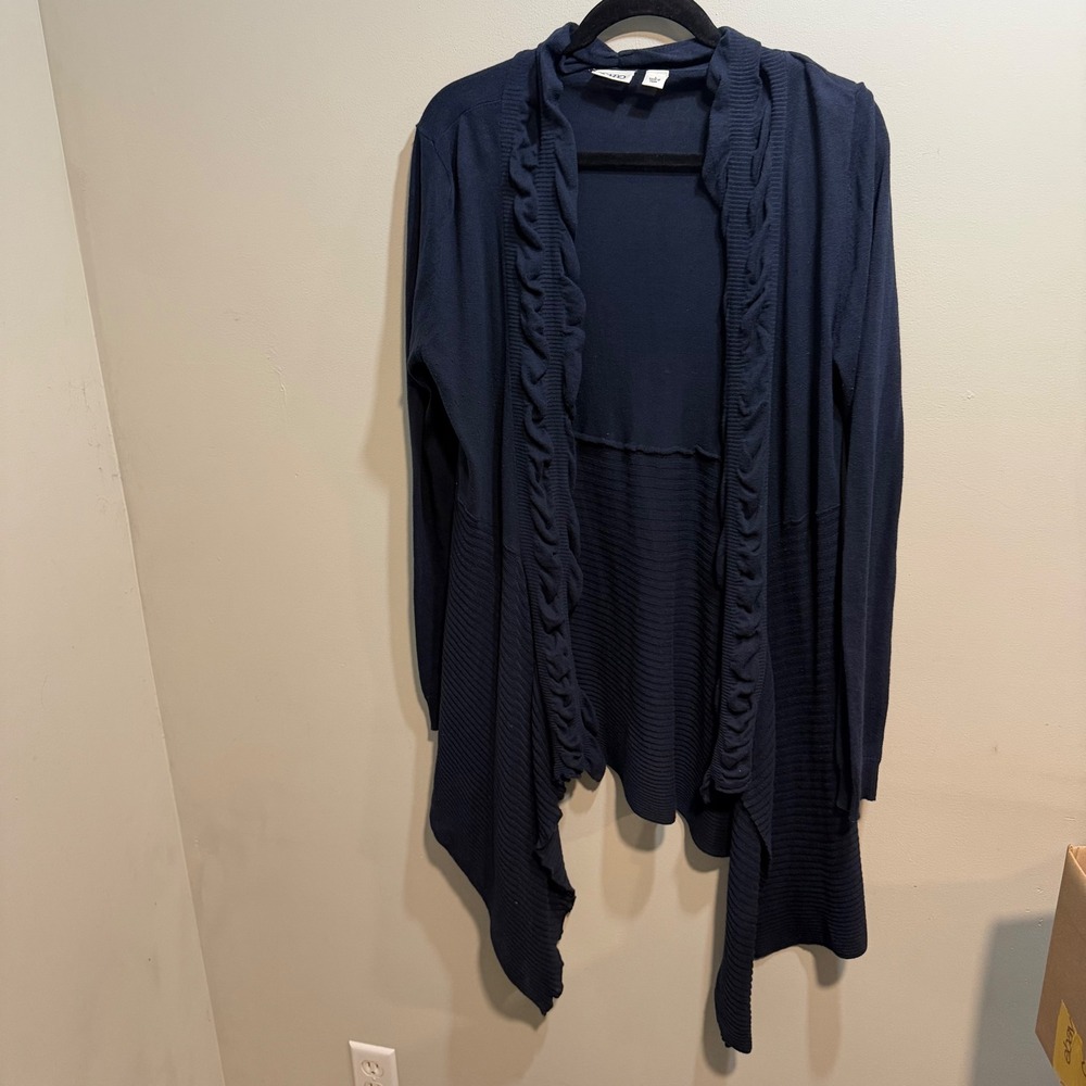 Cato Navy Blue Open Front Ruffle Trim Cardigan Cotton Knit Lightweight Large‎